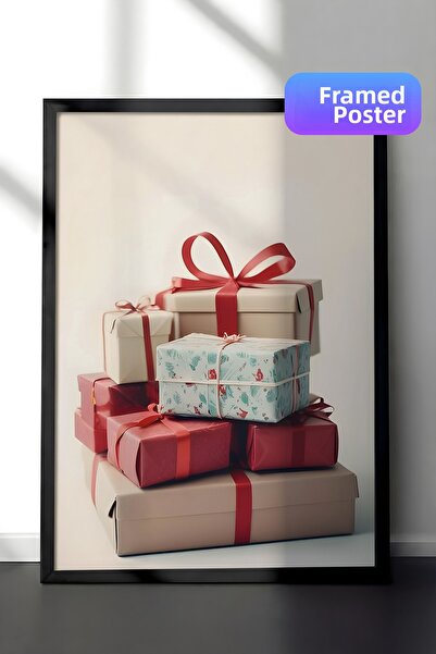 Postifull Pictură de Crăciun cu pila de cadouri, cadru negru și poster, pictu...