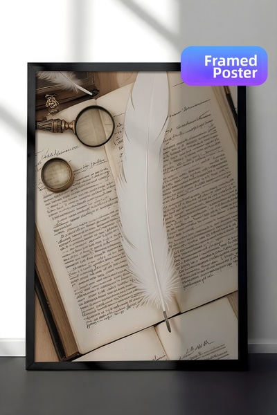 Postifull Tablou înrămat cu stilou cu pene, cadru negru și poster, pictură ve...