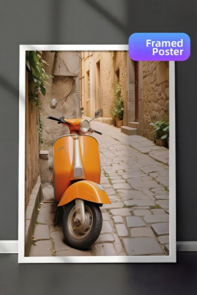 Postifull Pictură înrămare în cadru Vespa portocaliu, cadru alb și poster, pi...