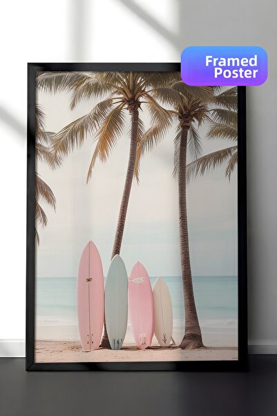Postifull Tablou înrămat cu plăci de surf pe plajă, cadru negru și poster, pi...