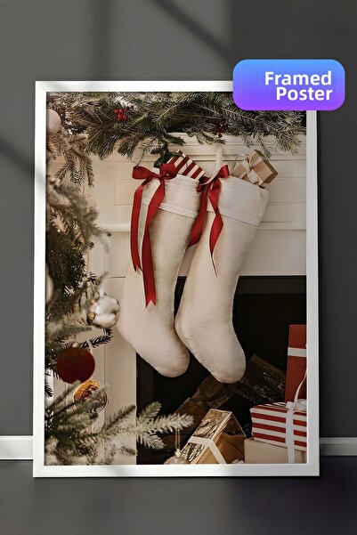 Postifull Картина с бяла рамка, коледна постер с рамка, коледни чорапи от сер...