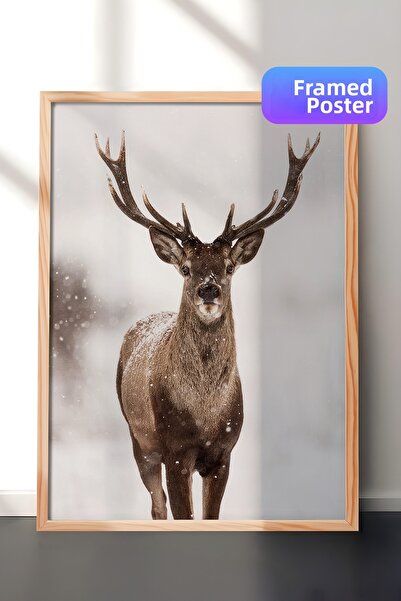 Postifull Pictură de Anul Nou Red Stag, cadru din lemn și poster, pictură ver...