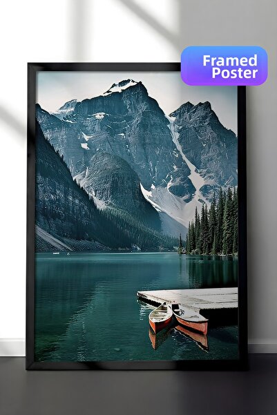 Postifull Pictură înrămată cu canoe în lac, cadru negru și poster, pictură mu...