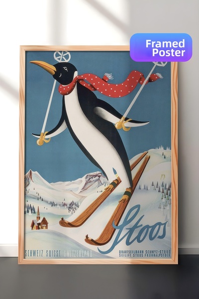Postifull Pictură înrămată cu pinguin vintage Stoos, pictură verticală pe per...