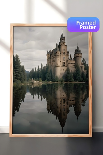 Postifull Tablou înrămat cu reflectie a castelului magic, pictură verticală p...