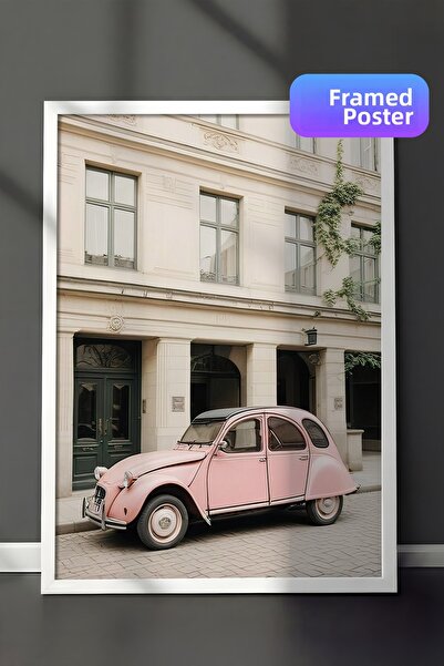 Postifull Πίνακας με ροζ ρετρό αυτοκίνητο, λευκό πλαίσιο και αφίσα, ζωγραφική...