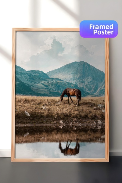 Postifull Pictură înrămată cu cal de Highland, cadru din lemn și poster, pict...