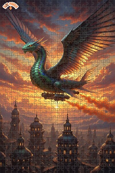 Teona Ahşap لغز خشبي مؤطر من طابقين بمناظر المدينة على طراز ستيمبانك والتنين ...