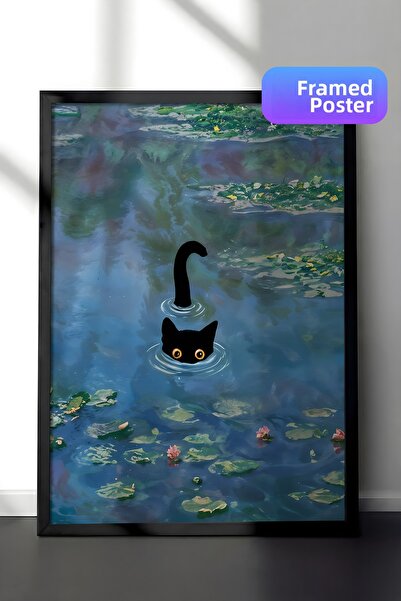 Postifull Tablou cu cadru negru, Cat Print Monet Waterlily - 2, Pictură de pe...
