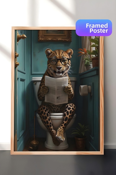 Postifull Pictură cu cadru din lemn, Leopard în toaletă, Pictură din lemn pen...