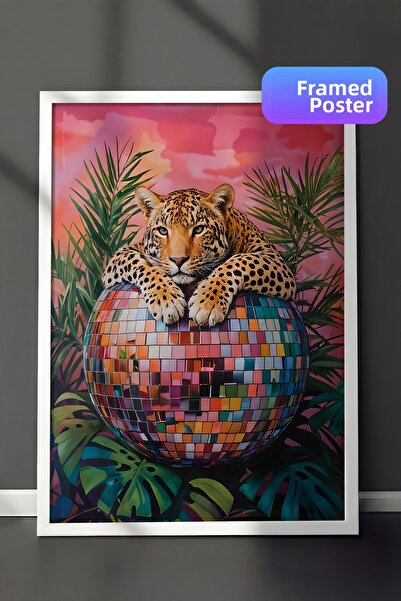 Postifull Картина в бяла рамка, Леопард върху диско топка, Кухненска стена от...