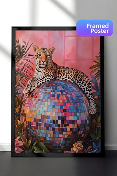 Postifull Pictură cu cadru negru, Leopard pe discoteca, pictură de perete pen...
