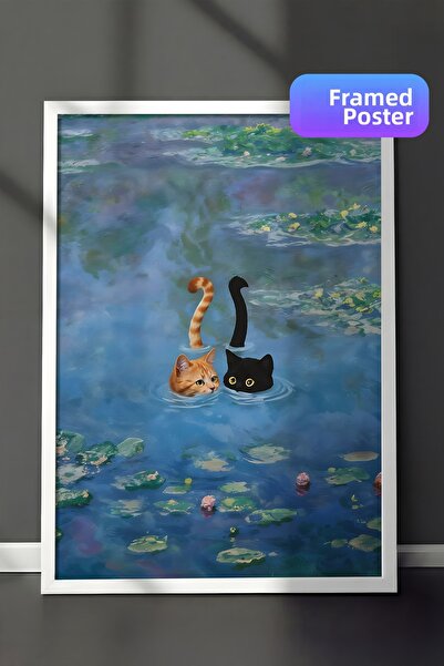 Postifull White Framed Painting, Cat Print Monet Waterlily - 3, Comfort Serie...