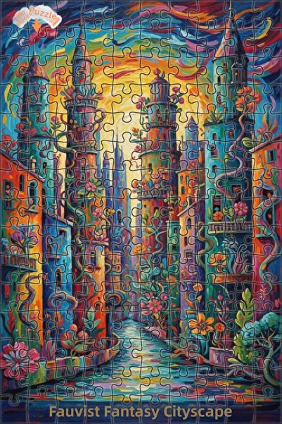 Teona Ahşap Dream City Landscape Oil Painting Look Double Layer Framed Wooden...