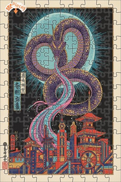 Teona Ahşap Purple Dragon Cityscape at Moonlight Double Layer Framed Wooden P...