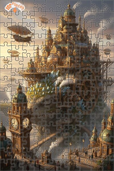 Teona Ahşap لغز خشبي بإطار من طابقين مطبوع عليه فن ستيمبانك من Flying City Dr...