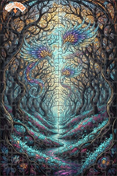 Teona Ahşap Fantastic Forest Winged Dragons Double Layer Framed Wooden Puzzle...