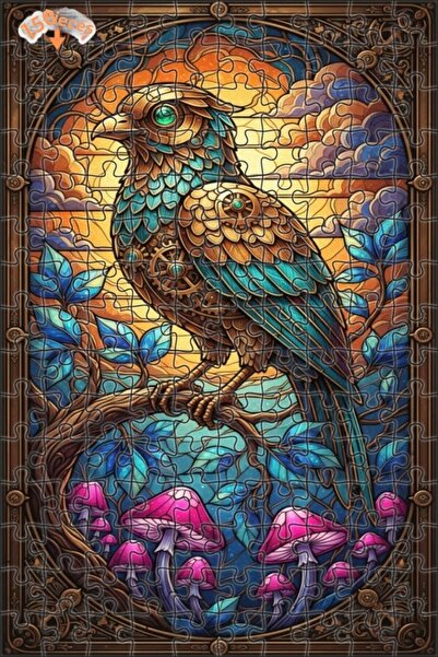 Teona Ahşap لغز خشبي رائع على شكل طائر ميكانيكي ذو مظهر زجاجي ملون بإطار مزدو...