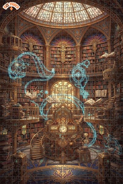 Teona Ahşap Mysterious Library Steampunk Artwork Double Layer Framed Wooden P...