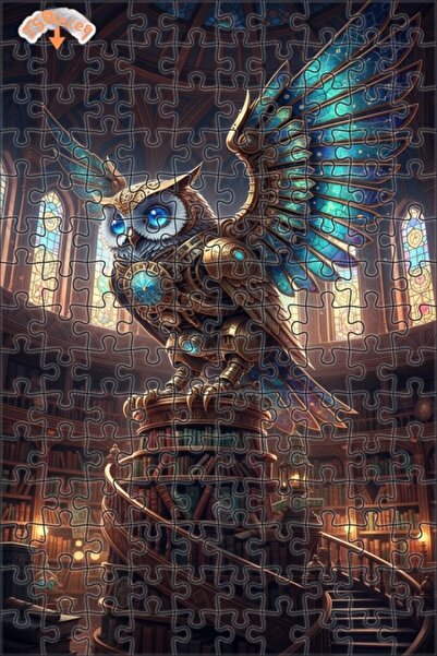 Teona Ahşap Mechanical Owl Art Oil Painting Look Double Layer Framed Wooden P...