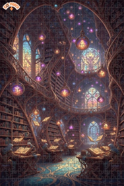 Teona Ahşap Magical Library Tale Oil Painting Look Double Layer Framed Wooden...