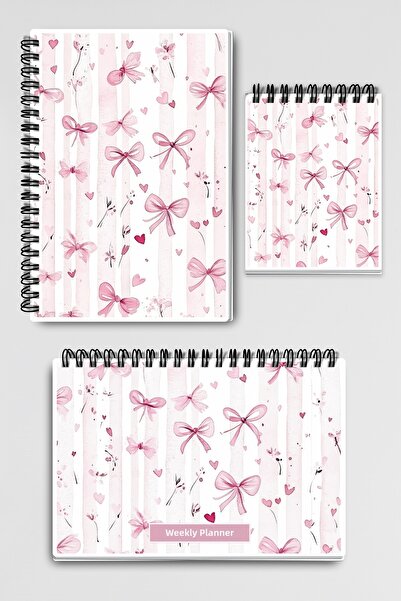 qoeuyl boutique Pink Bouquet Ribbon Design Notebook Planner and Notepad Set o...