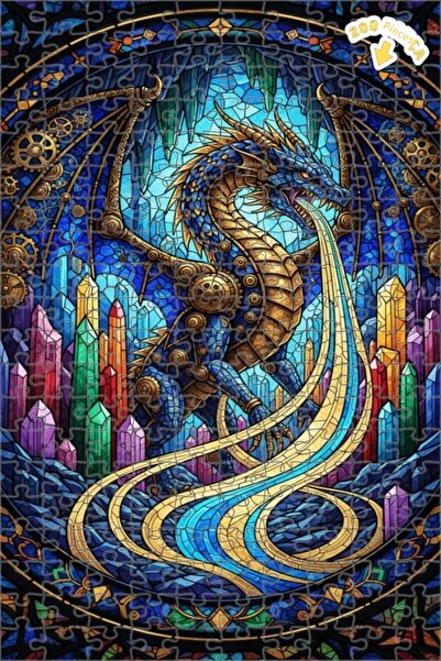 Teona Ahşap لغز خشبي مؤطر بطبقتين من فن الزجاج الملون على شكل تنين سحري 200 ق...