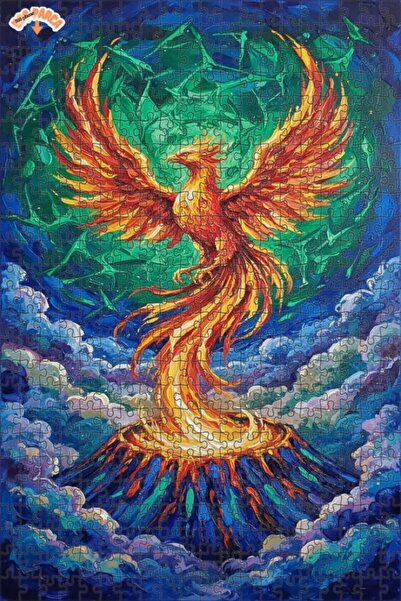 Teona Ahşap Flaming Phoenix Oil Painting Look Double Layer Framed Wooden Puzz...