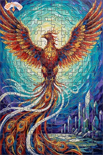 Teona Ahşap Red Phoenix Oil Painting Look Art Double-Decker Framed Wooden Puz...