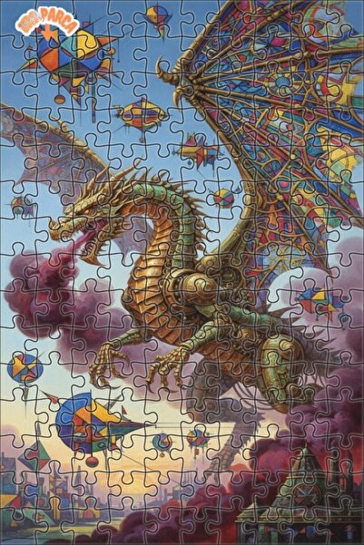 Teona Ahşap Steampunk Dragon Art Oil Painting Look Double Layer Framed Wooden...
