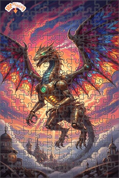 Teona Ahşap Mechanical Dragon Oil Painting Look Double Layer Framed Wooden Pu...