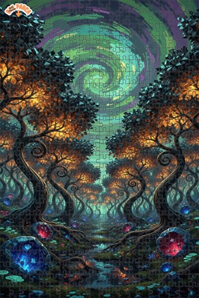 Teona Ahşap لغز خشبي مؤطر بطبقتين بمظهر غابة غامضة وسماء حلزونية ومشهد لوحة ز...