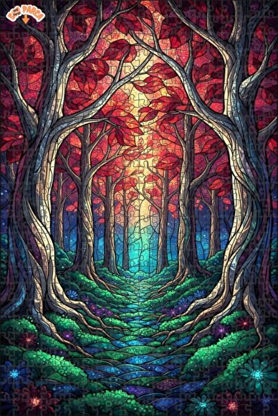 Teona Ahşap لغز خشبي بإطار مزدوج الطبقات من الزجاج الملون على شكل طريق الغابة...