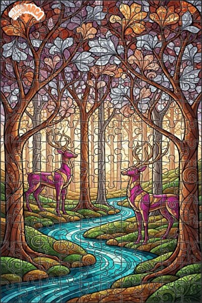 Teona Ahşap لغز خشبي بمظهر فسيفساء زجاجي على شكل غزلان الغابة السحرية 150 قطع...