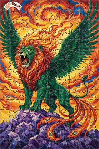 Teona Ahşap لغز خشبي فني بمظهر لوحة زيتية لأسد أخضر بأجنحة لهب 150 قطعة 20×30