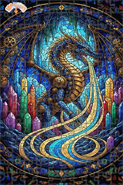 Teona Ahşap لغز خشبي مؤطر بطبقتين من فن الزجاج الملون على شكل تنين سحري 150 ق...