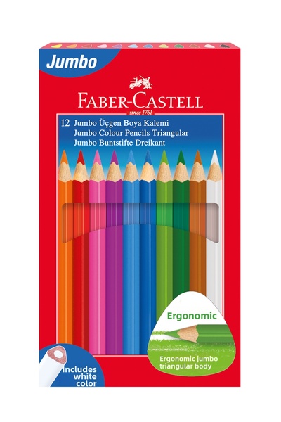 Faber Castell أقلام تلوين مثلثة جامبو، 12 لونًا، جسم مريح، يتضمن اللون الأبيض...