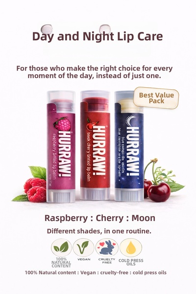 Hurraw مجموعة مرطب الشفاه المكونة من 3 قطع - التوت، الكرز، والقمر |   العناية...