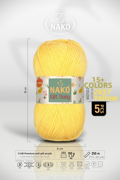 NAKO Elit Baby - 2857 Yellow - 5 Pack - 100Gr/250M - Baby Yarn - Anti Pilling...