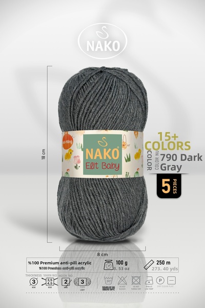 NAKO Elit Baby - 790 Dark Gray Melange - 5 Pack - 100Gr/250M - Baby Yarn - An...