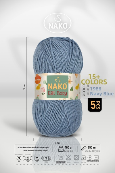 NAKO Elit Baby - 1986 Denim Blue - 5 Pack - 100Gr/250M - Baby Yarn - Anti Pil...