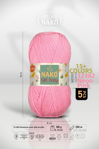 NAKO Elit Baby - 12382 Neon Pink - 5 Pack - 100Gr/250M - Baby Yarn - Anti Pil...