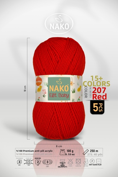 NAKO Elit Baby - 207 Flame Red - 5 Pack - 100Gr/250M - Baby Yarn - Anti Pilli...