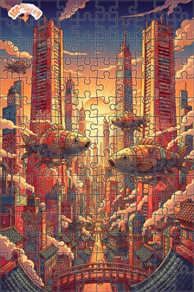 Teona Ahşap لغز خشبي مؤطر بطبقتين بتصميم منظر مدينة الأسماك الطائرة مع لوحة ز...