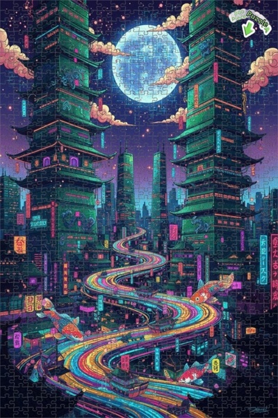 Teona Ahşap لوحة زيتية لأسماك الكوي الطائرة في مدينة النيون، لغز خشبي بإطار م...