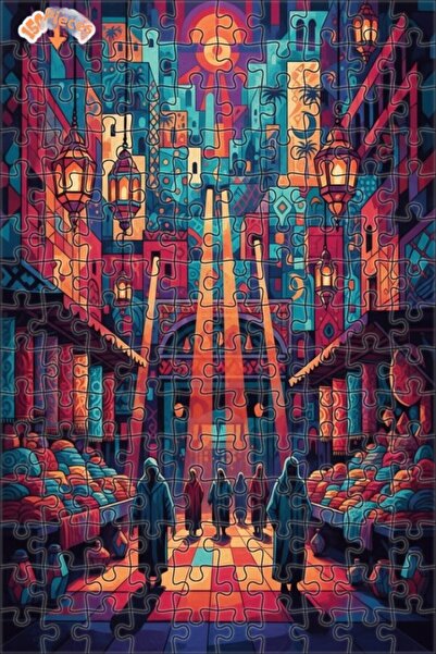 Teona Ahşap لغز خشبي مؤطر بطبقتين على شكل موزاييك بمظهر لوحة زيتية لسوق الشرق...