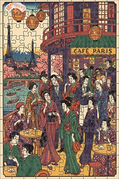 Teona Ahşap لوحة زيتية مستوحاة من الفن الياباني تصور مشهدًا في مقهى باريس، لو...