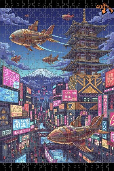 Teona Ahşap لغز خشبي مُشكّل بإطار مزدوج الطبقات، يصور مدينة سايبربانك اليابان...