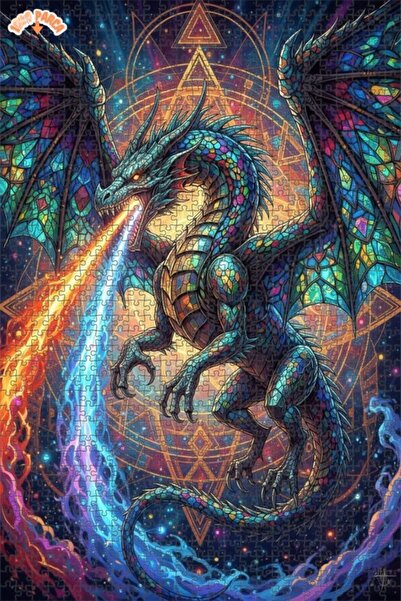 Teona Ahşap لغز خشبي فني حديث بتصميم زجاجي ملون على شكل تنين سحري 1000 قطعة 7...