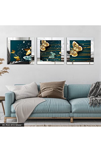 Evinemoda Shiny Gold Butterflies 3 Piece Silver Plexi Mirrored Framed Painting
